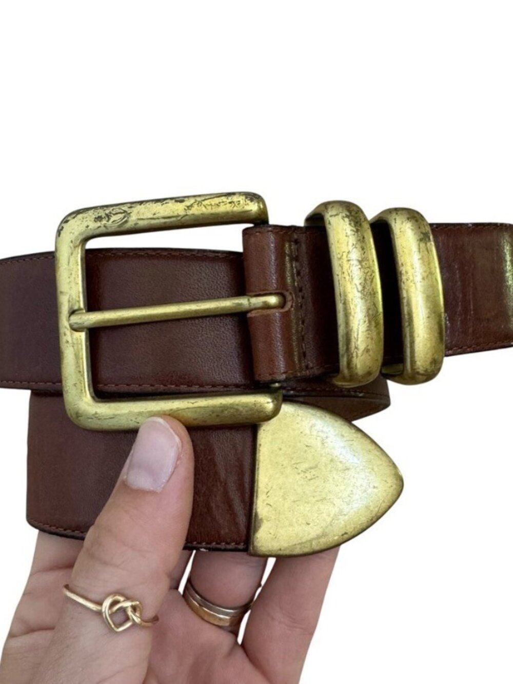 Vintage The Ritz Brown Genuine Leather Solid Brass Buckle Retro Waist Belt Sz S